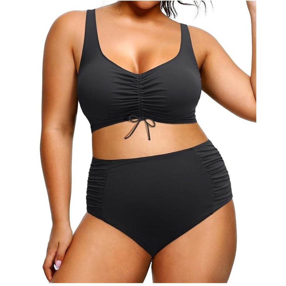 Tempt Me High Waisted Black Bikini w/Drawstring Top and Underwire Size 14